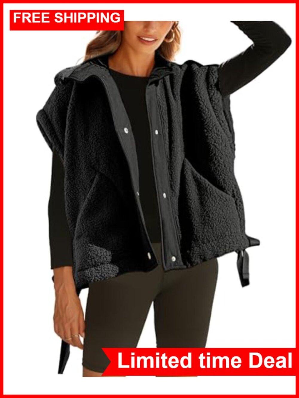 Women's Fuzzy Fleece Vest Sleeveless Sherpa Jacket Button Loose Fit